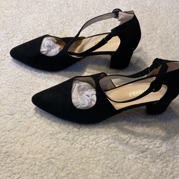 omthaka Women's Dress Shoes Pointed Toe Low Heel Pumps Cross Strap Shoes - Picture 4 of 6